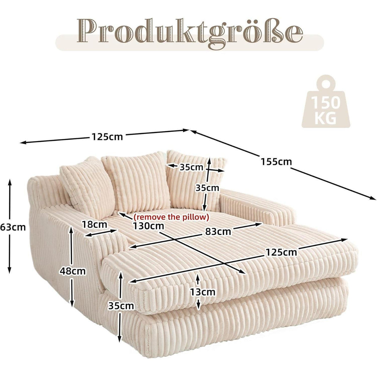 Cloud Sofa: Beiges Cord Schlafsofa mit 3 Kissen & hoher Tragkraft