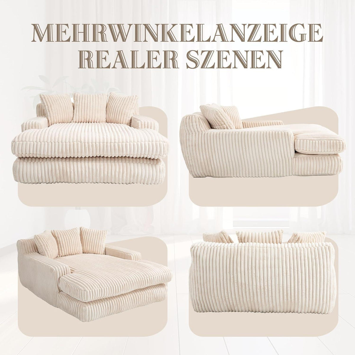 Cloud Sofa: Beiges Cord Schlafsofa mit 3 Kissen & hoher Tragkraft