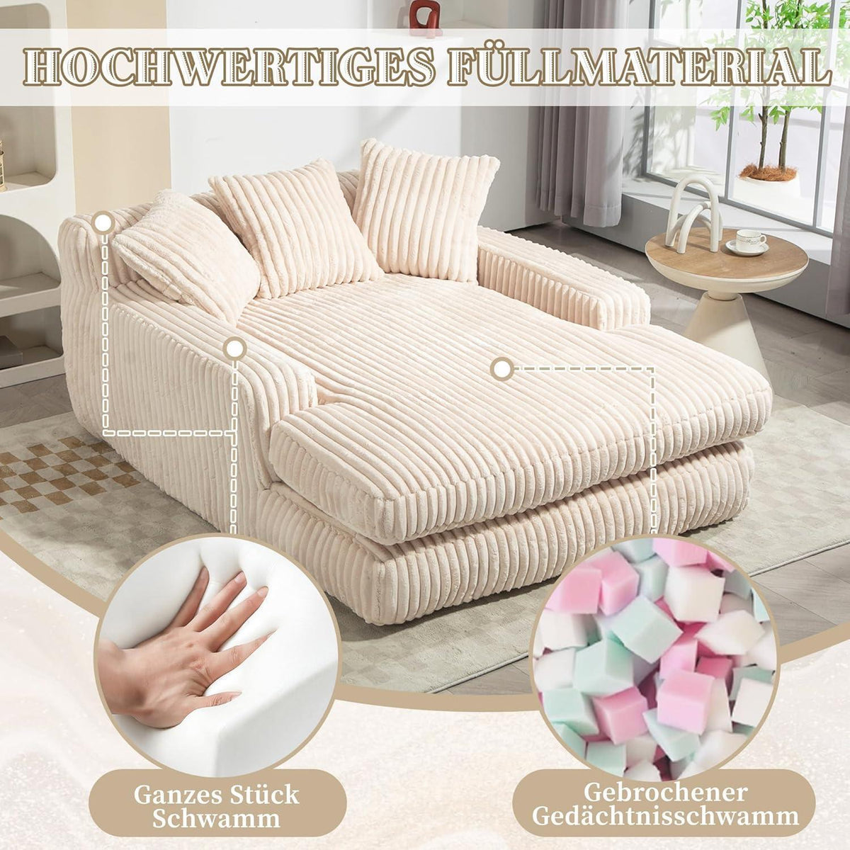 Cloud Sofa: Beiges Cord Schlafsofa mit 3 Kissen & hoher Tragkraft