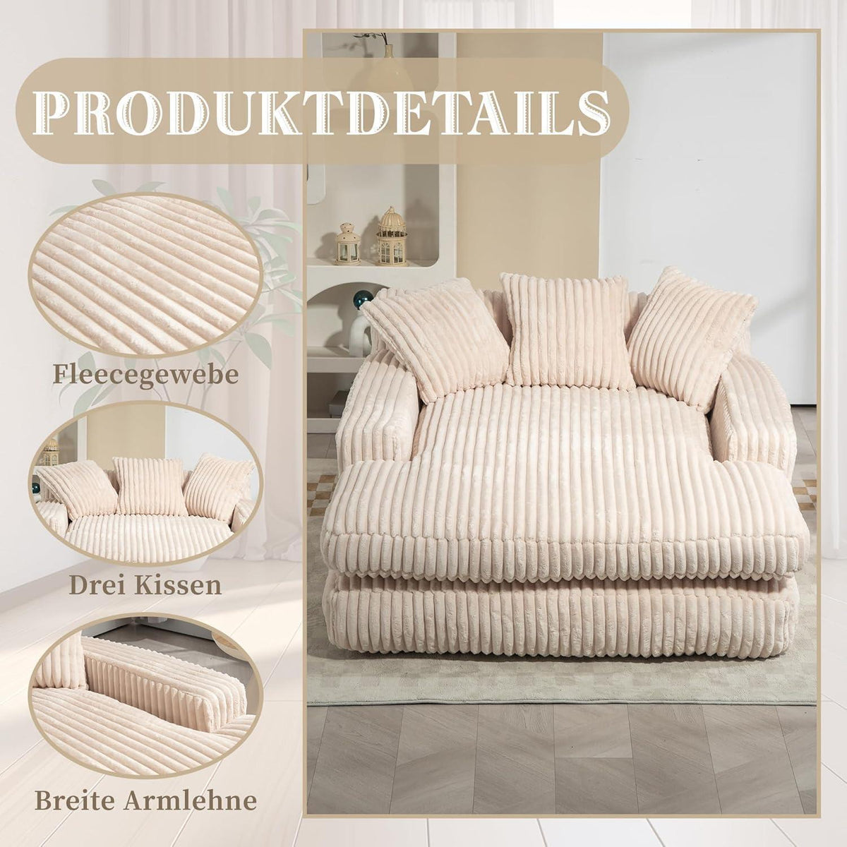 Cloud Sofa: Beiges Cord Schlafsofa mit 3 Kissen & hoher Tragkraft