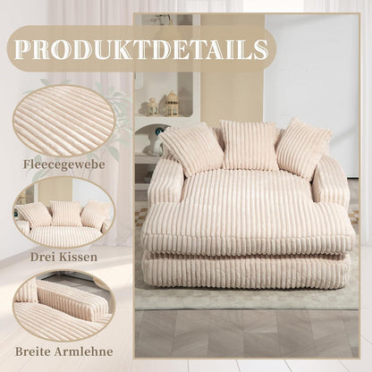 Cloud Sofa: Beiges Cord Schlafsofa mit 3 Kissen & hoher Tragkraft