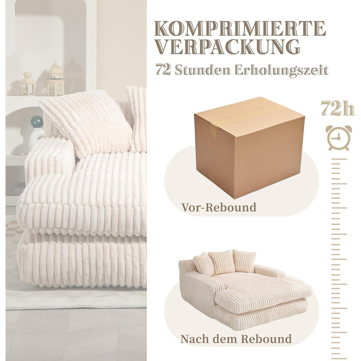 Cloud Sofa: Beiges Cord Schlafsofa mit 3 Kissen & hoher Tragkraft