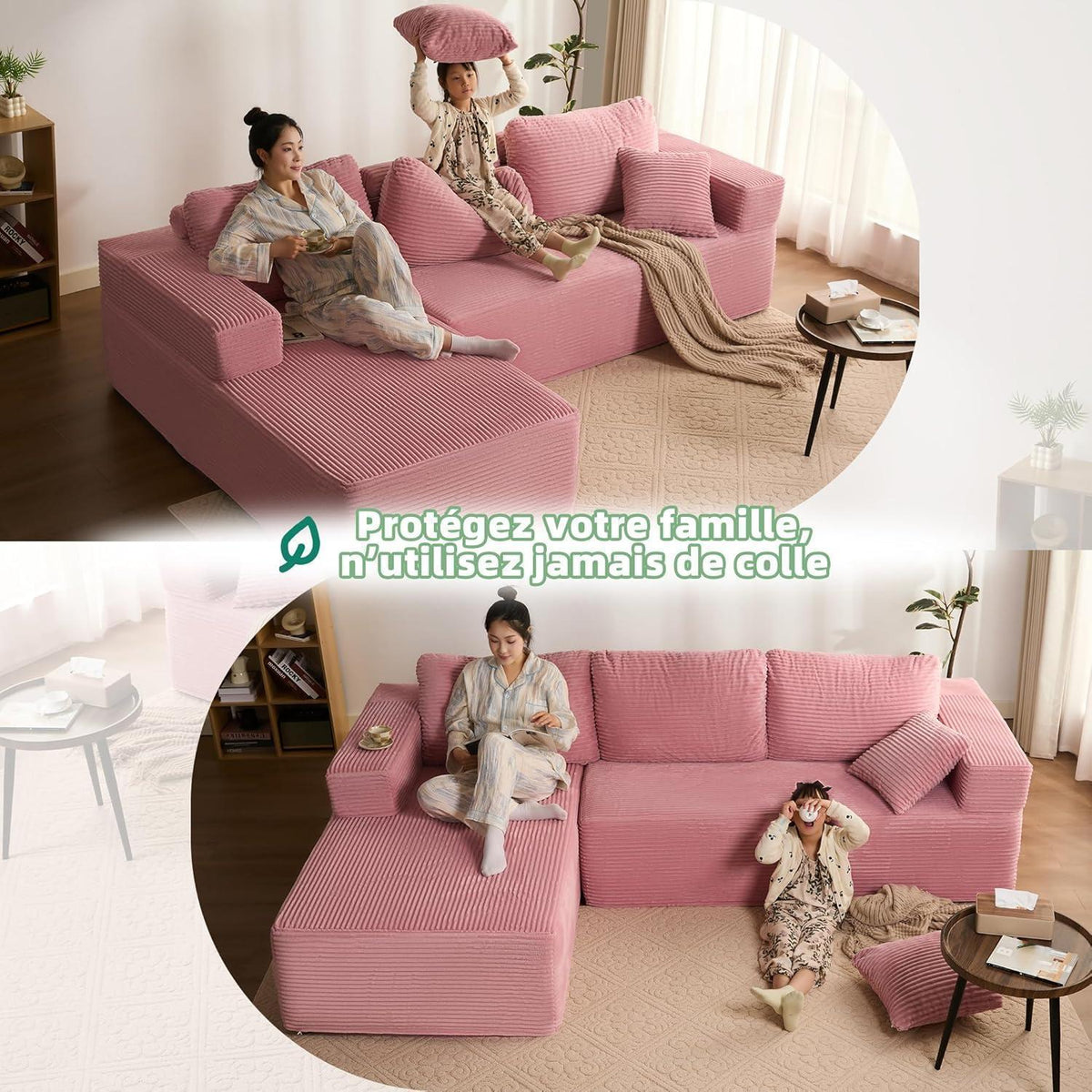 Modulares L-Ecksofa mit Schlaffunktion & Recamiere links Rosa