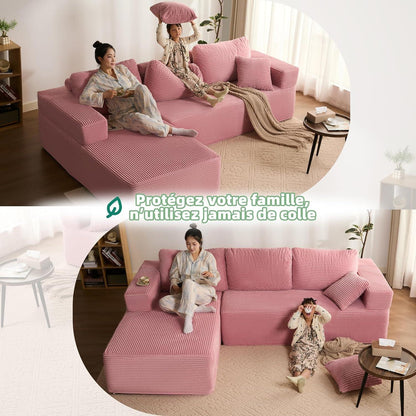 Modulares L-Ecksofa mit Schlaffunktion & Recamiere links Rosa