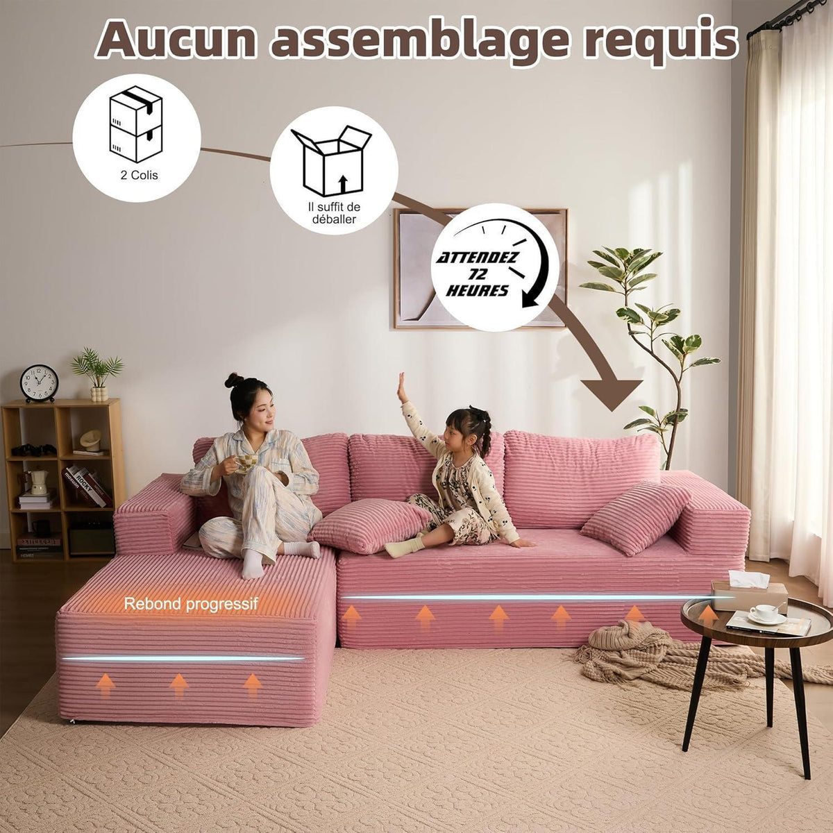 Modulares L-Ecksofa mit Schlaffunktion & Recamiere links Rosa