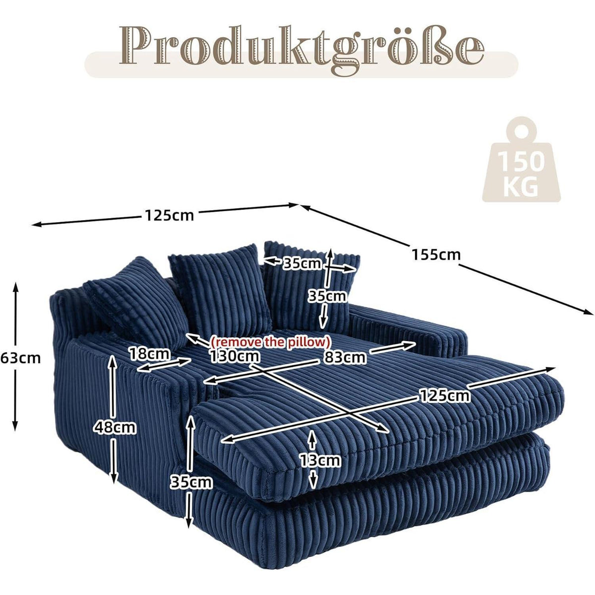 Cloud Sofa: Marineblaues Cord Schlafsofa mit 3 Kissen