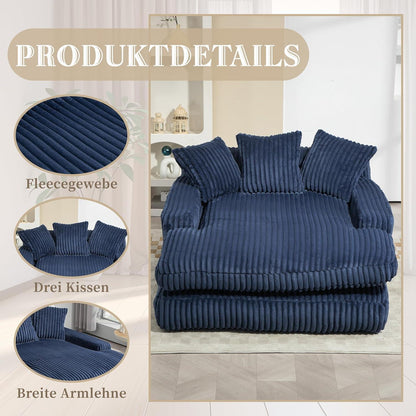 Cloud Sofa: Marineblaues Cord Schlafsofa mit 3 Kissen
