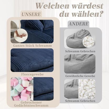 Cloud Sofa: Marineblaues Cord Schlafsofa mit 3 Kissen