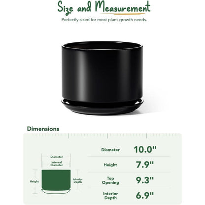 Keramik Blumentopf 25cm mit Untersetzer & Drainageloch, Schwarz