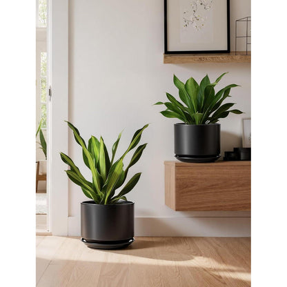 Keramik Blumentopf 25cm mit Untersetzer & Drainageloch, Schwarz