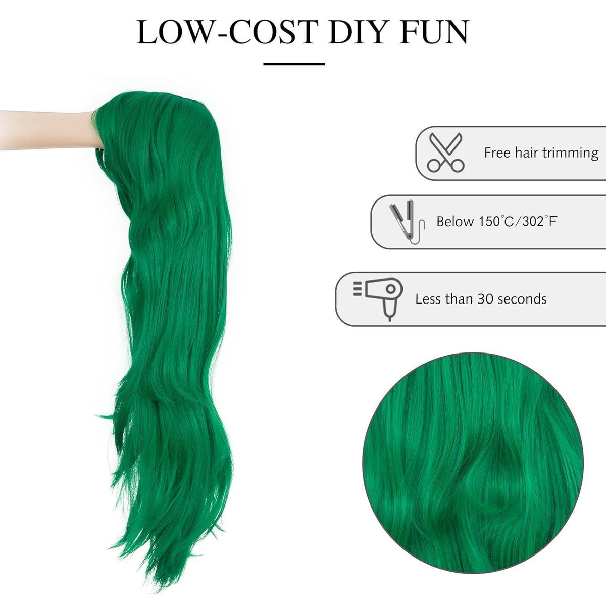 Grüne Damen Perücke mit Pony, 70 cm, gewellt & lockig