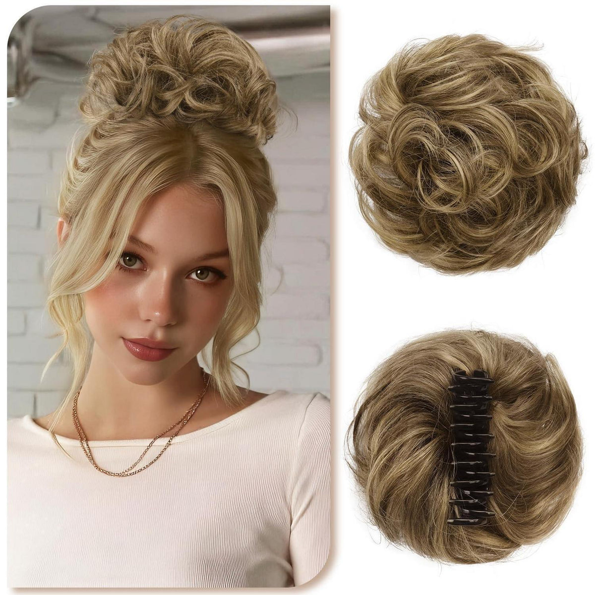 Echthaar Dutt Clip-in – Hellbraun mit Beige-Blonden Strähnchen