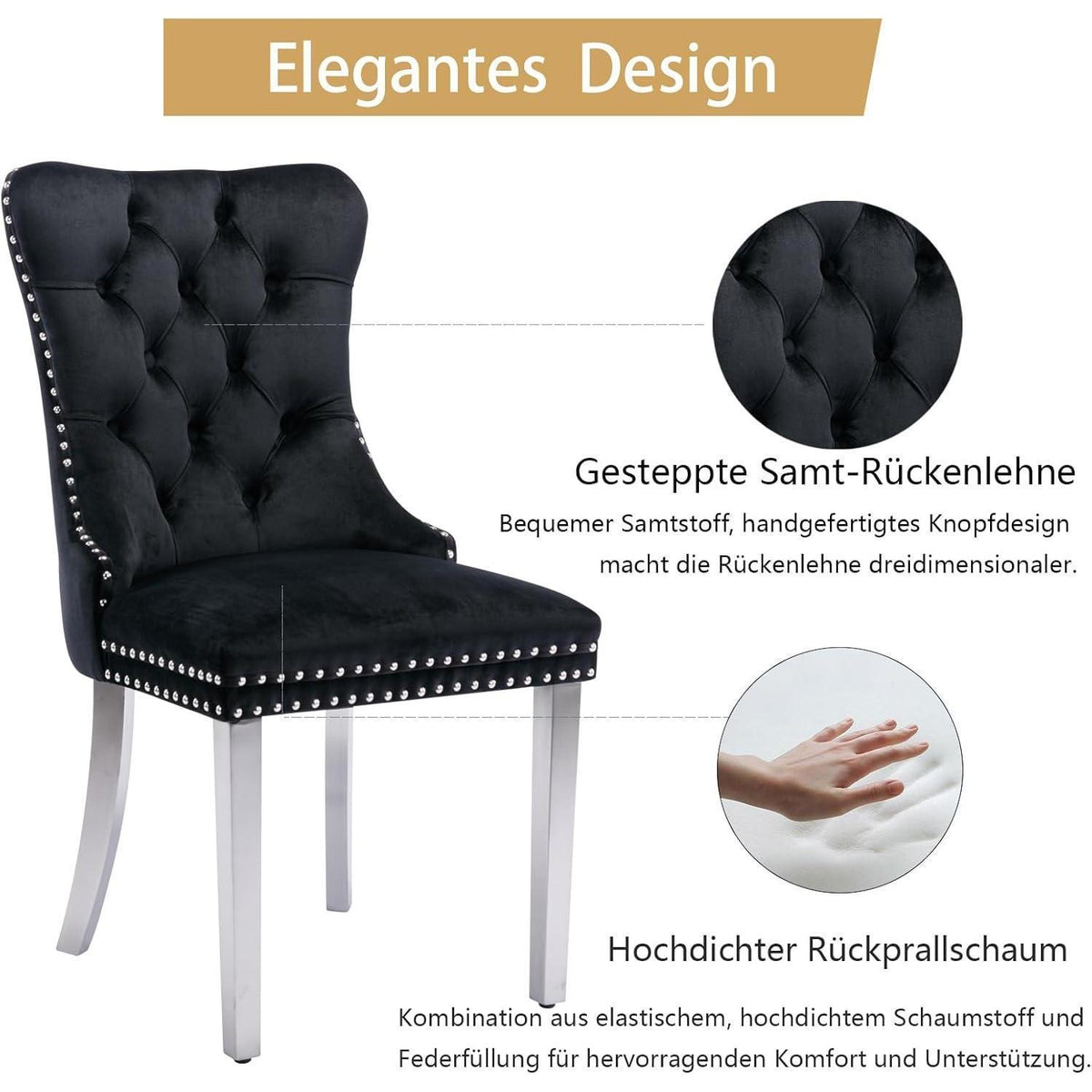 Samt Esszimmerstühle 4er Set mit Edelstahlbeinen Schwarz