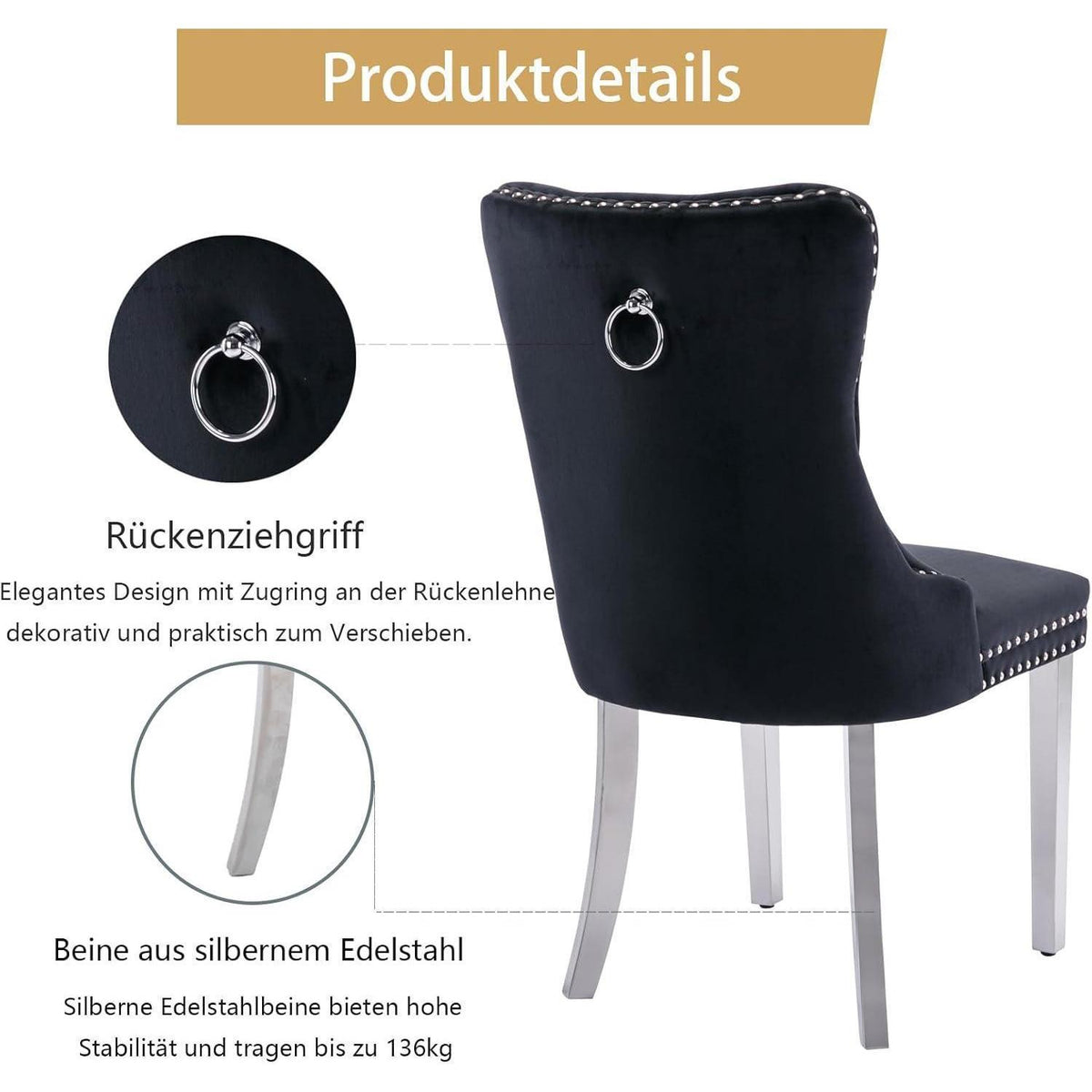 Samt Esszimmerstühle 4er Set mit Edelstahlbeinen Schwarz