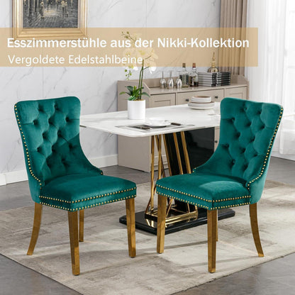 8x Samt Esszimmerstühle mit goldenen Beinen, Grün