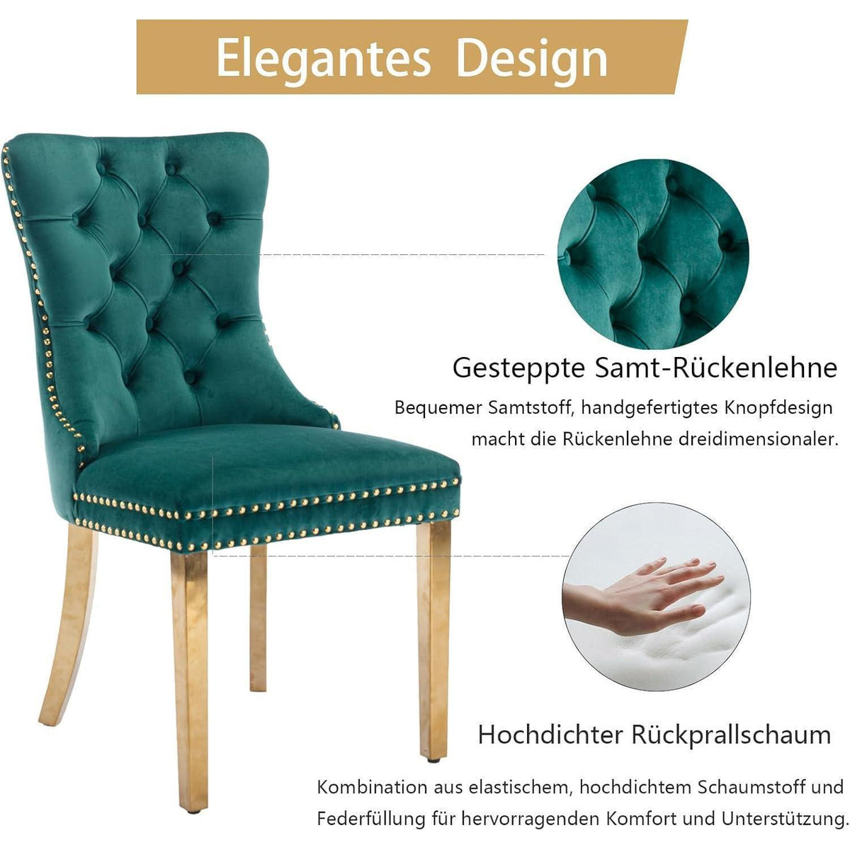 8x Samt Esszimmerstühle mit goldenen Beinen, Grün