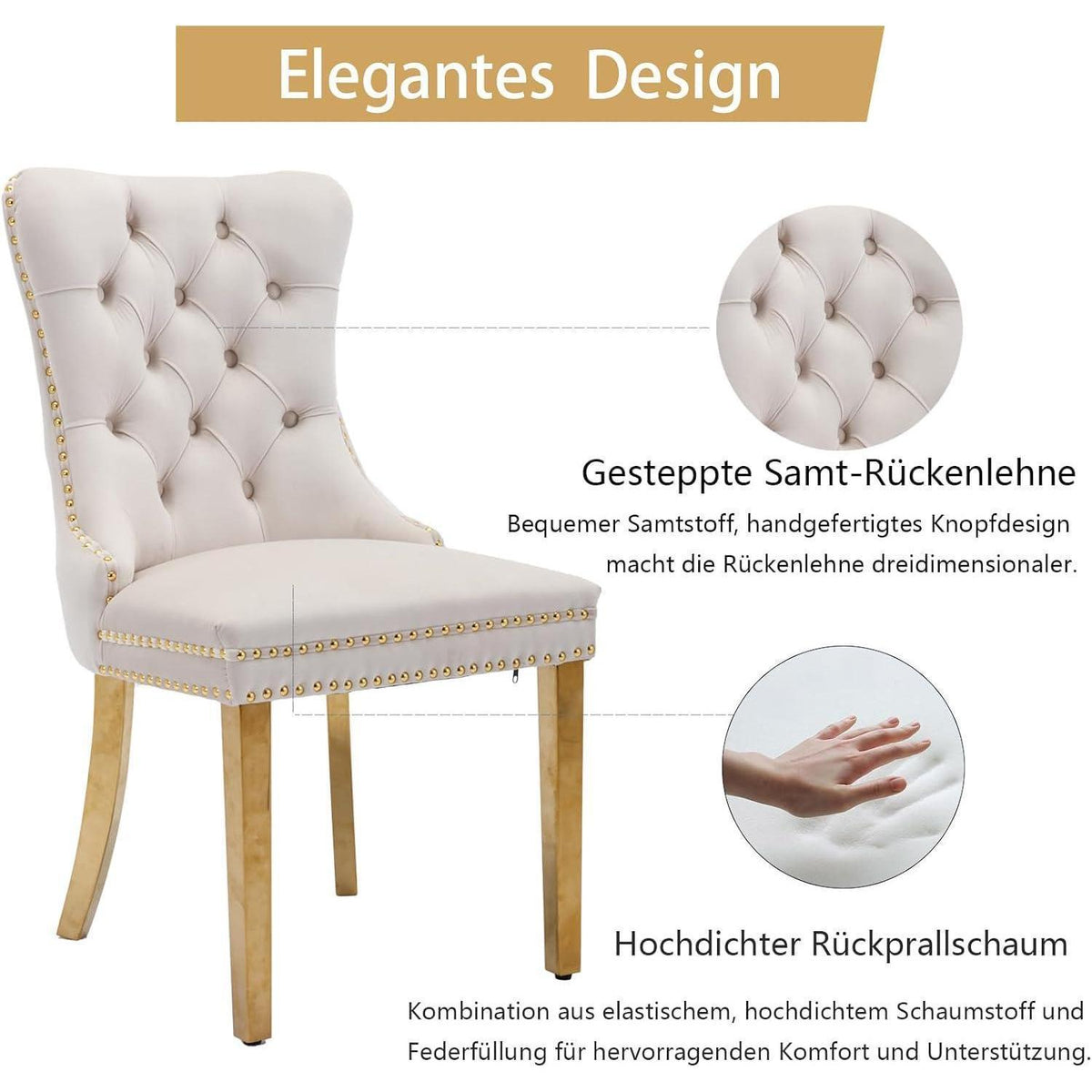 Samt Esszimmerstühle 6er Set mit goldenen Beinen