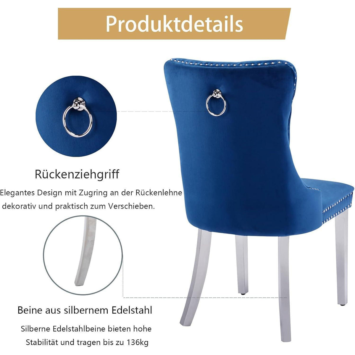 8x Samt Esszimmerstühle mit Edelstahlbeinen – Blau