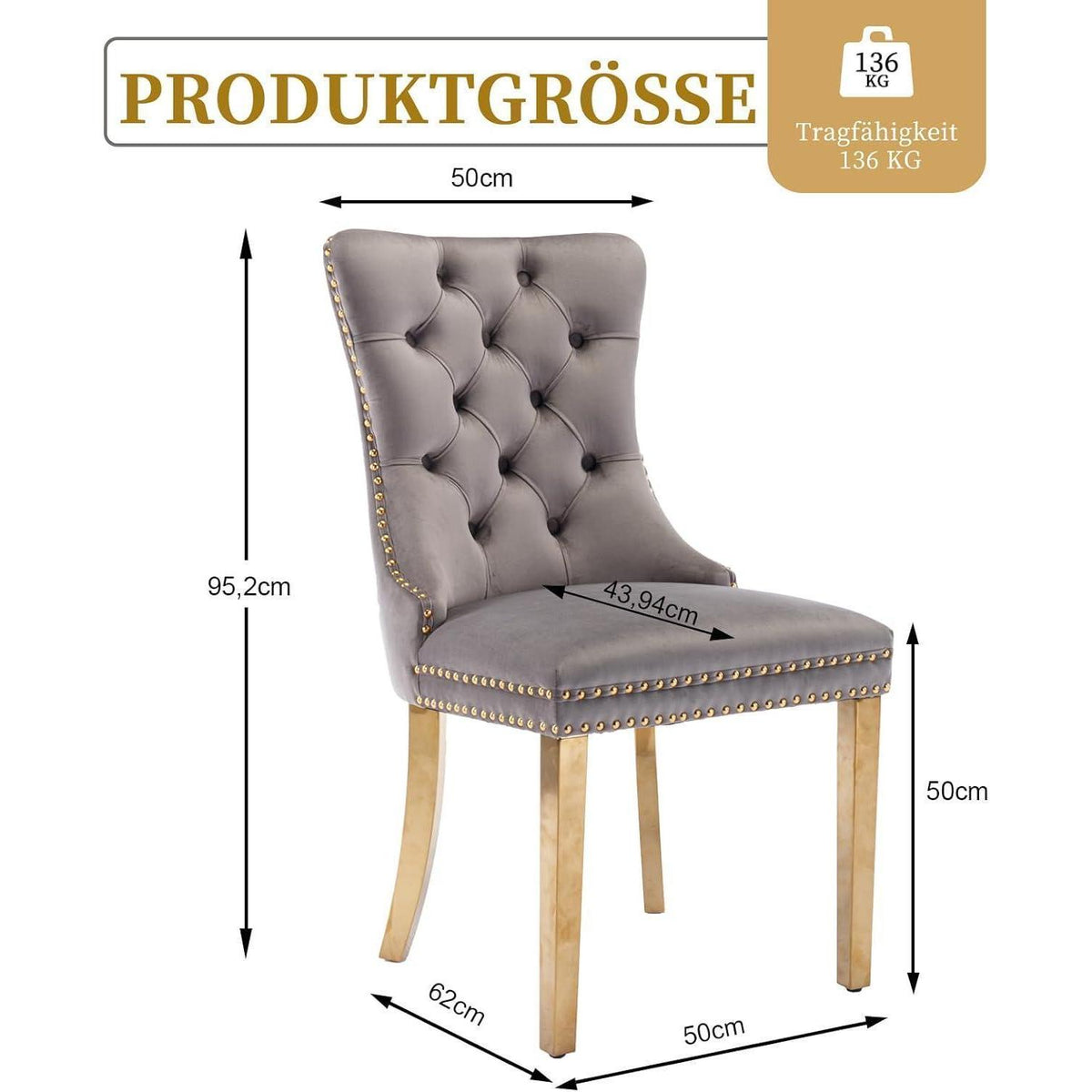 8x Samt Esszimmerstühle mit goldenen Beinen & Nieten