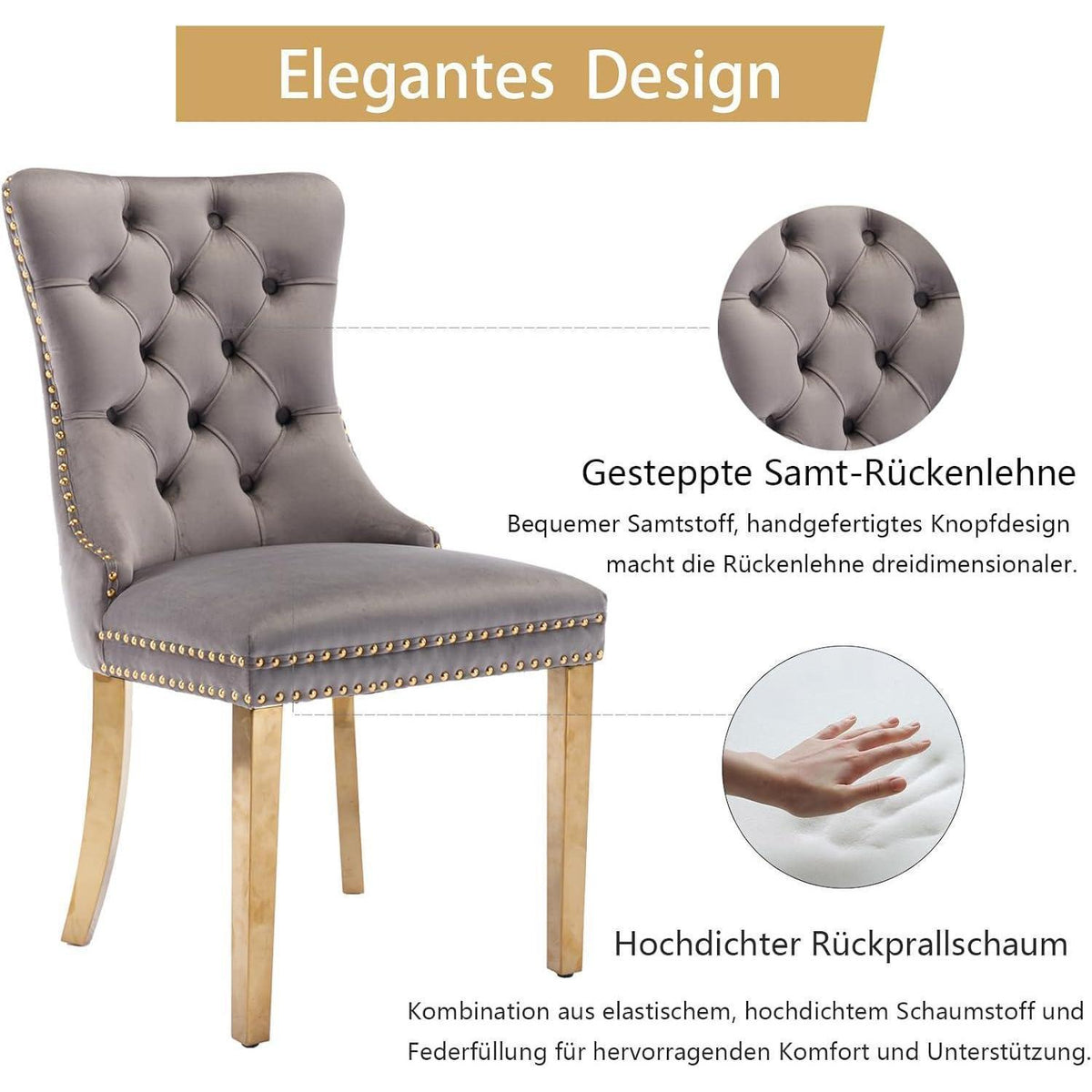 8x Samt Esszimmerstühle mit goldenen Beinen & Nieten