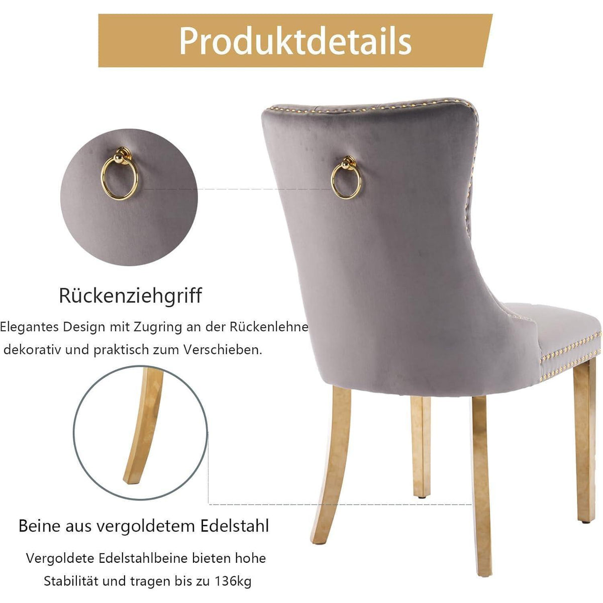 8x Samt Esszimmerstühle mit goldenen Beinen & Nieten