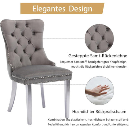 8x Samt Esszimmerstühle mit Edelstahlbeinen – Grau