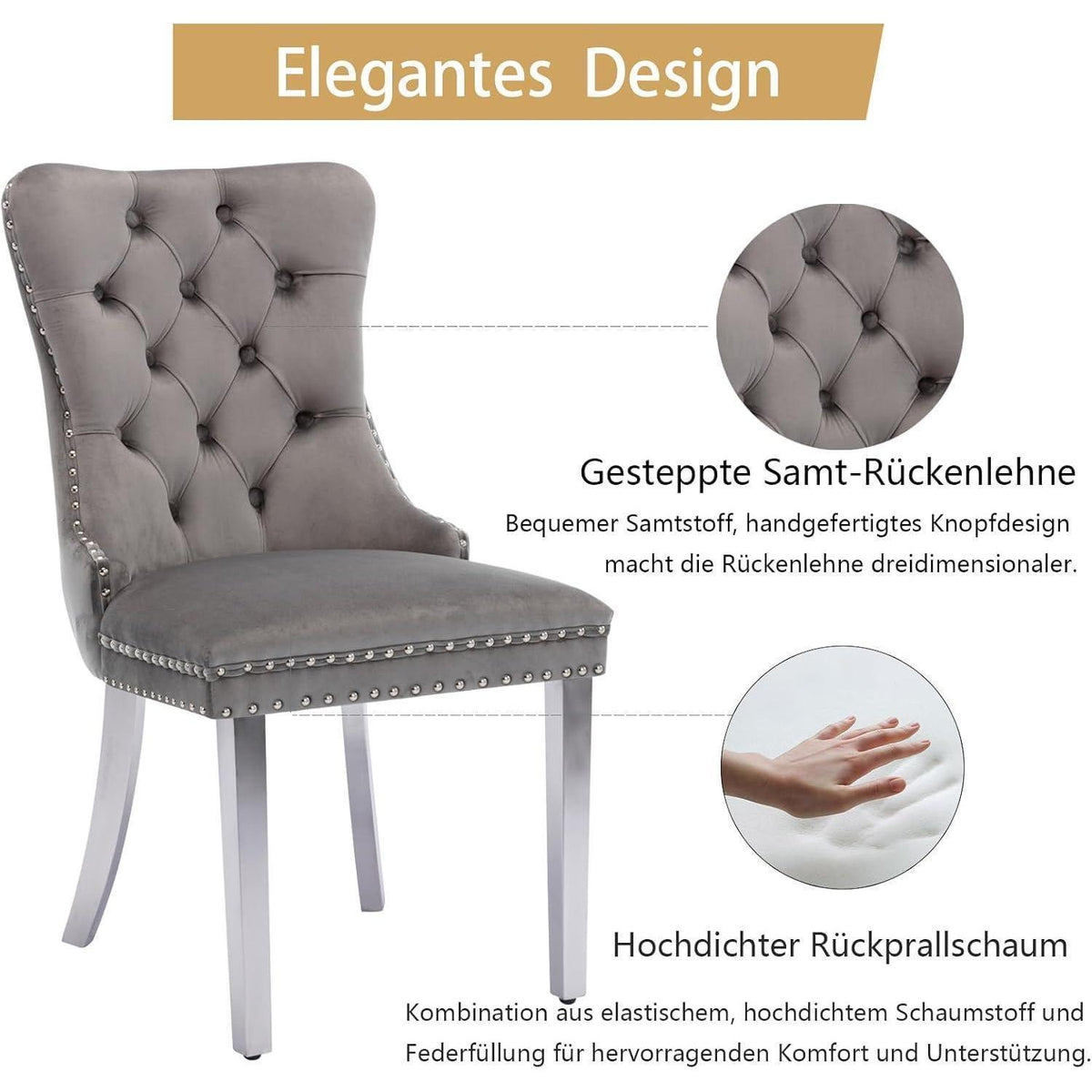 Samt Esszimmerstühle 6er Set mit Edelstahlbeinen Grau