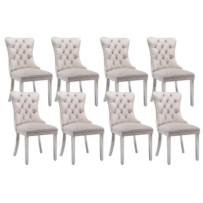8x Samt Esszimmerstühle mit Edelstahlbeinen – Beige