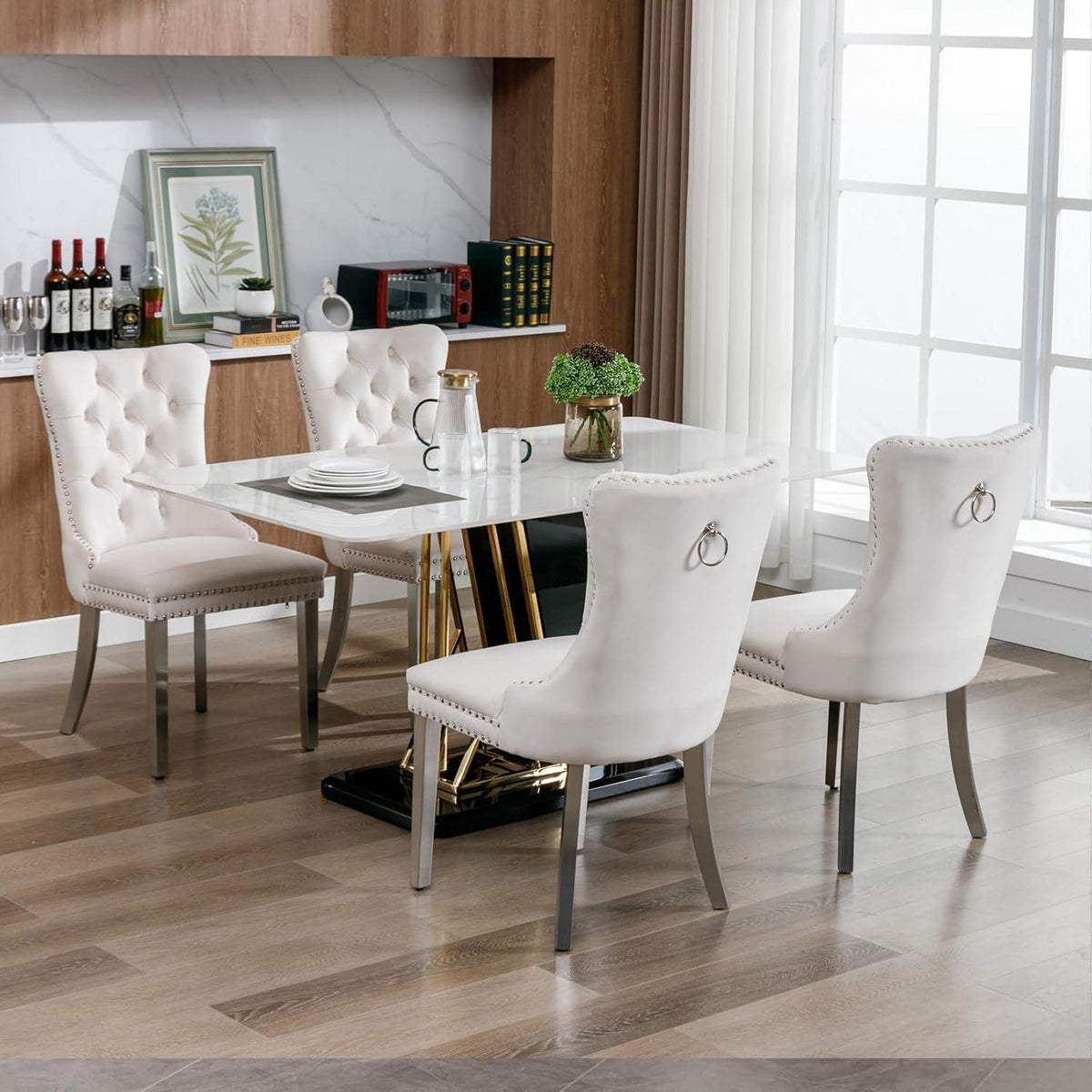 8x Samt Esszimmerstühle mit Edelstahlbeinen – Beige