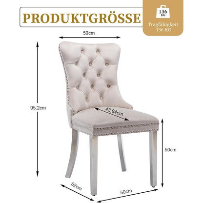 8x Samt Esszimmerstühle mit Edelstahlbeinen – Beige
