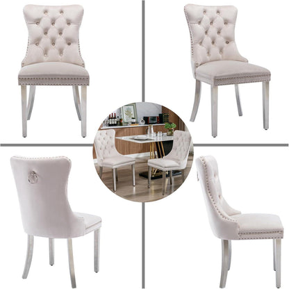 8x Samt Esszimmerstühle mit Edelstahlbeinen – Beige