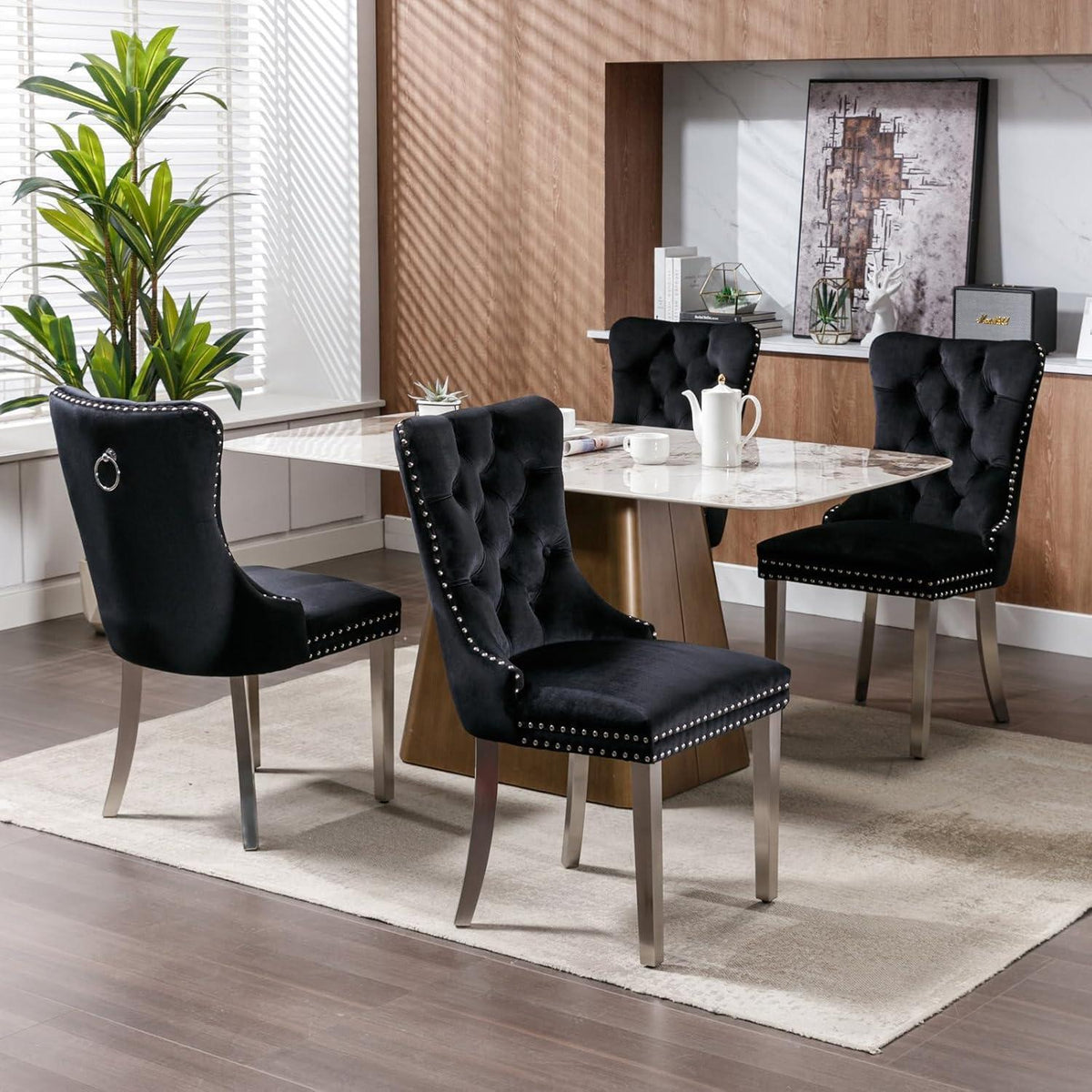 Samt Esszimmerstühle 6er Set mit Edelstahlbeinen Schwarz