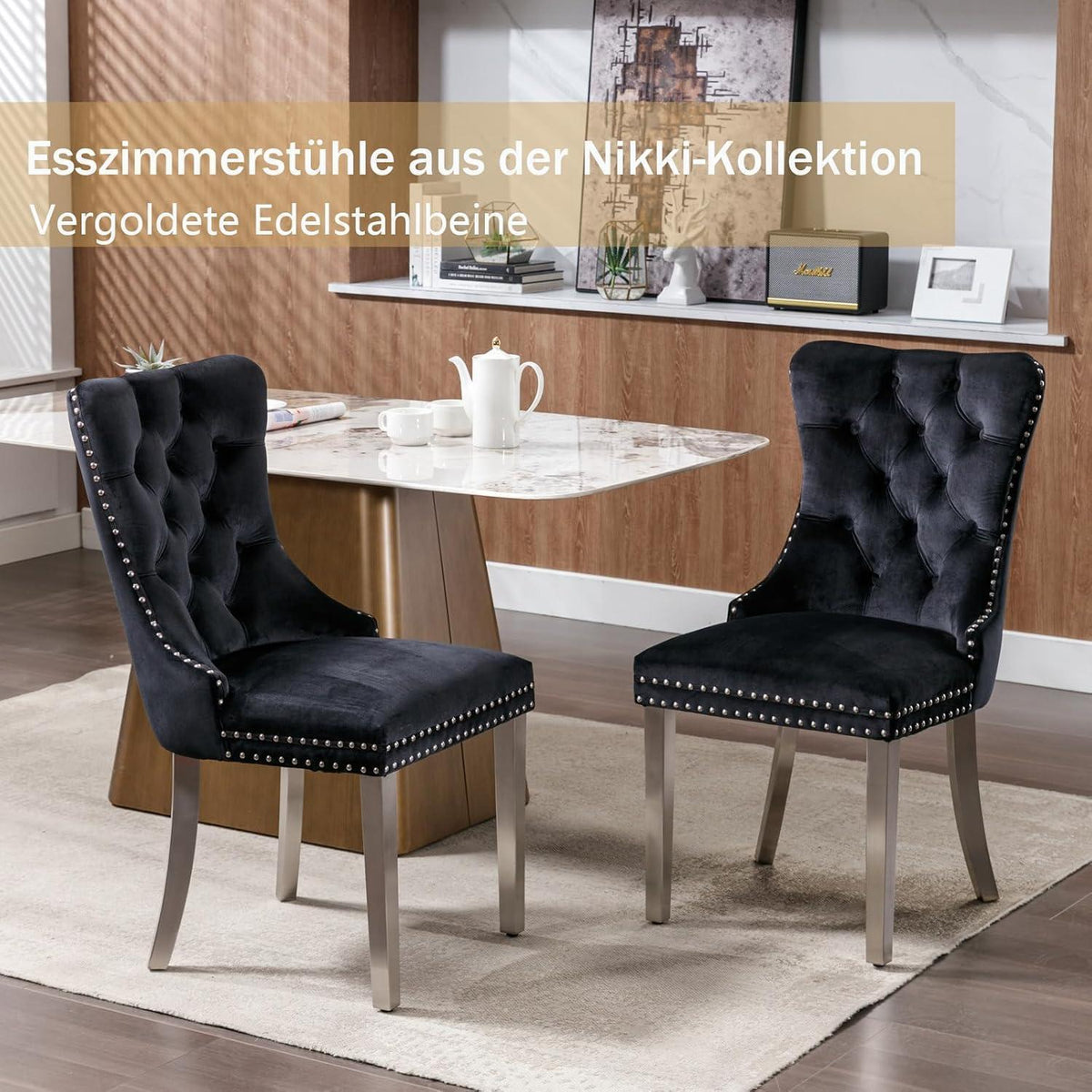 Samt Esszimmerstühle 6er Set mit Edelstahlbeinen Schwarz