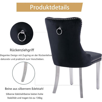 Samt Esszimmerstühle 6er Set mit Edelstahlbeinen Schwarz
