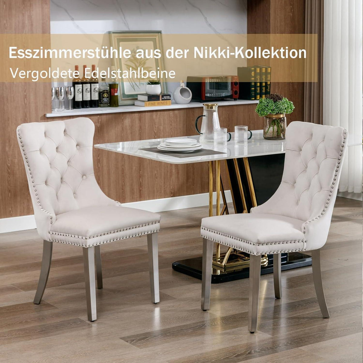 Samt Esszimmerstühle 6er Set mit Edelstahlbeinen – Beige