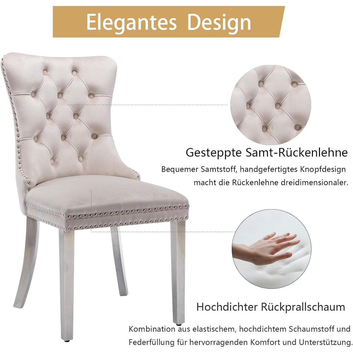 Samt Esszimmerstühle 6er Set mit Edelstahlbeinen – Beige