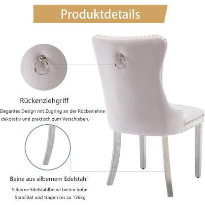 Samt Esszimmerstühle 6er Set mit Edelstahlbeinen – Beige