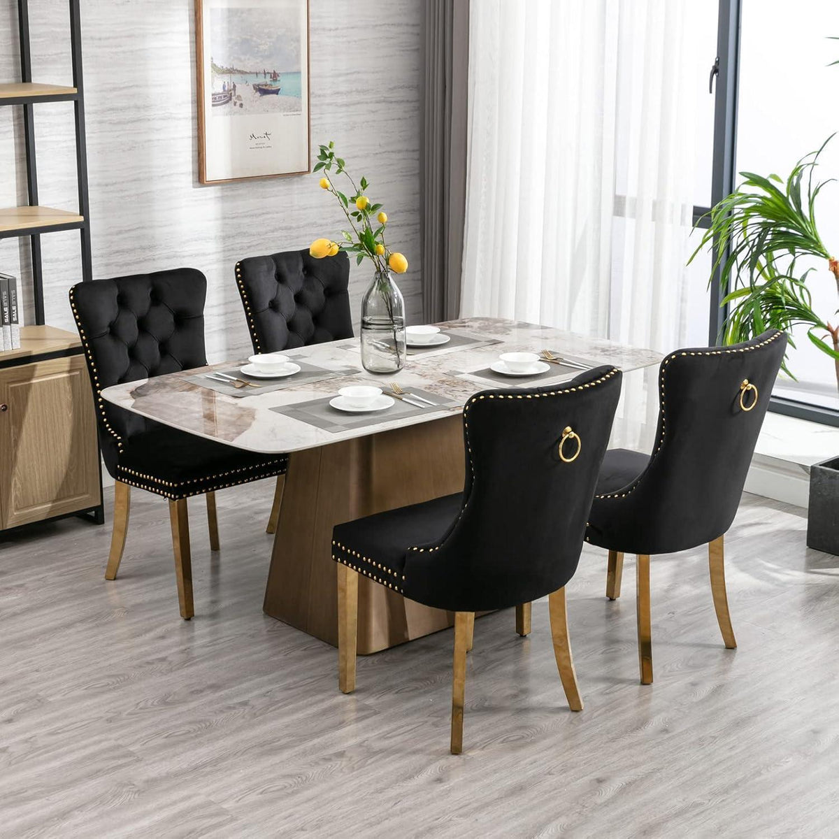 8x Samt Esszimmerstühle mit goldenen Beinen & Nieten