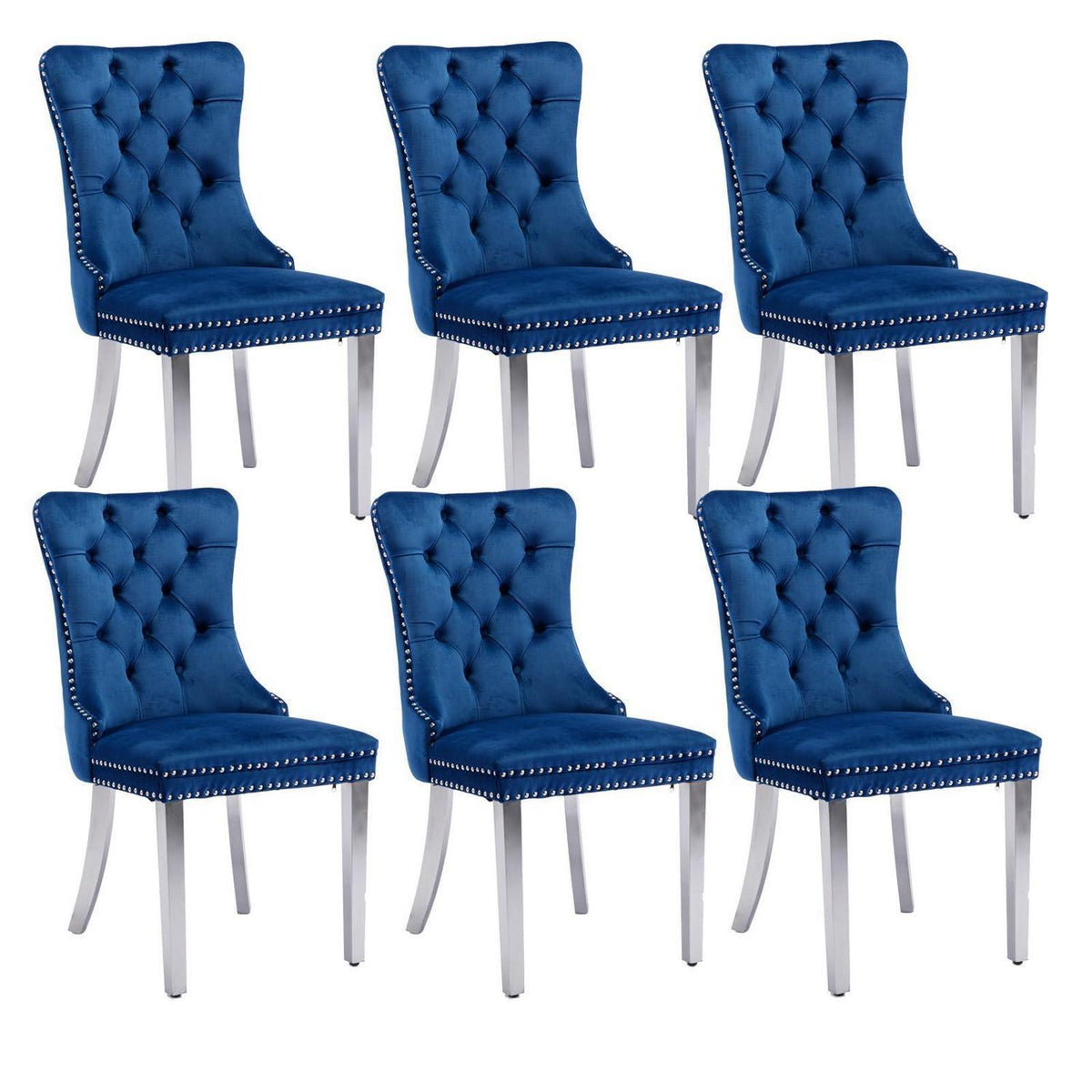 Samt Esszimmerstühle 6er Set mit Edelstahlbeinen (Blau)