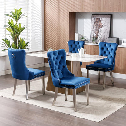 Samt Esszimmerstühle 6er Set mit Edelstahlbeinen (Blau)
