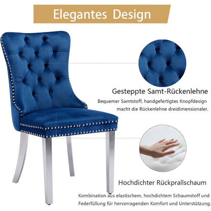 Samt Esszimmerstühle 6er Set mit Edelstahlbeinen (Blau)