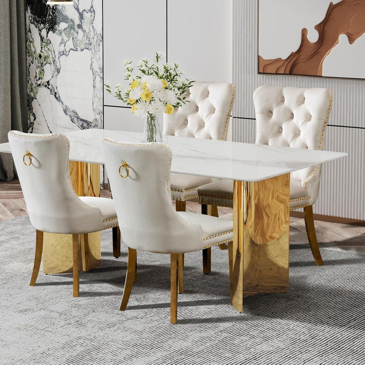 8x Samt Esszimmerstühle mit goldenen Beinen – Beige