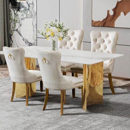 8x Samt Esszimmerstühle mit goldenen Beinen – Beige