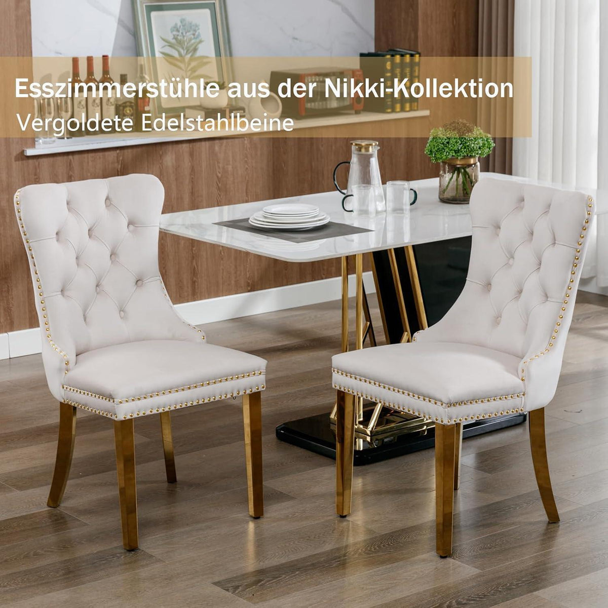 8x Samt Esszimmerstühle mit goldenen Beinen – Beige