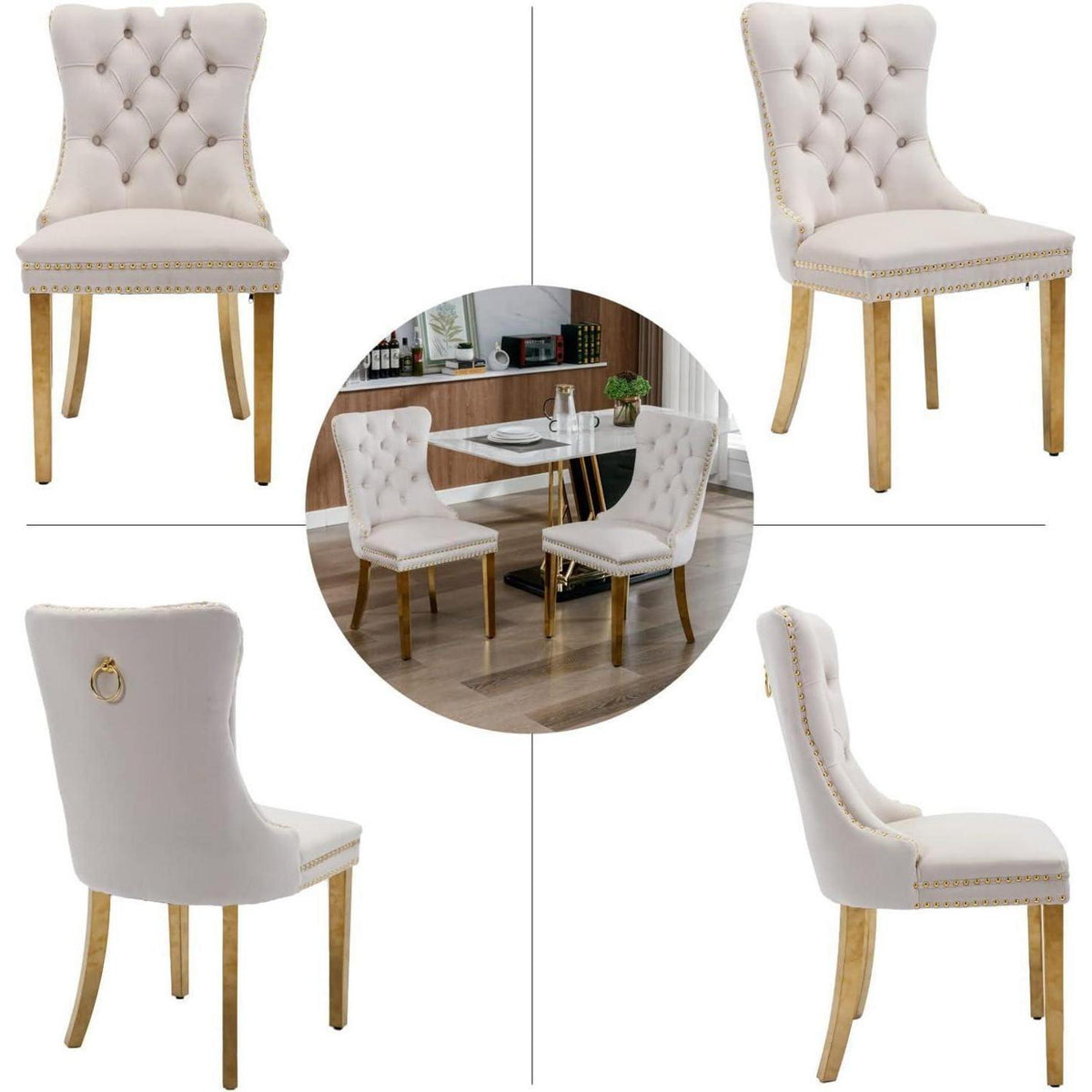 8x Samt Esszimmerstühle mit goldenen Beinen – Beige