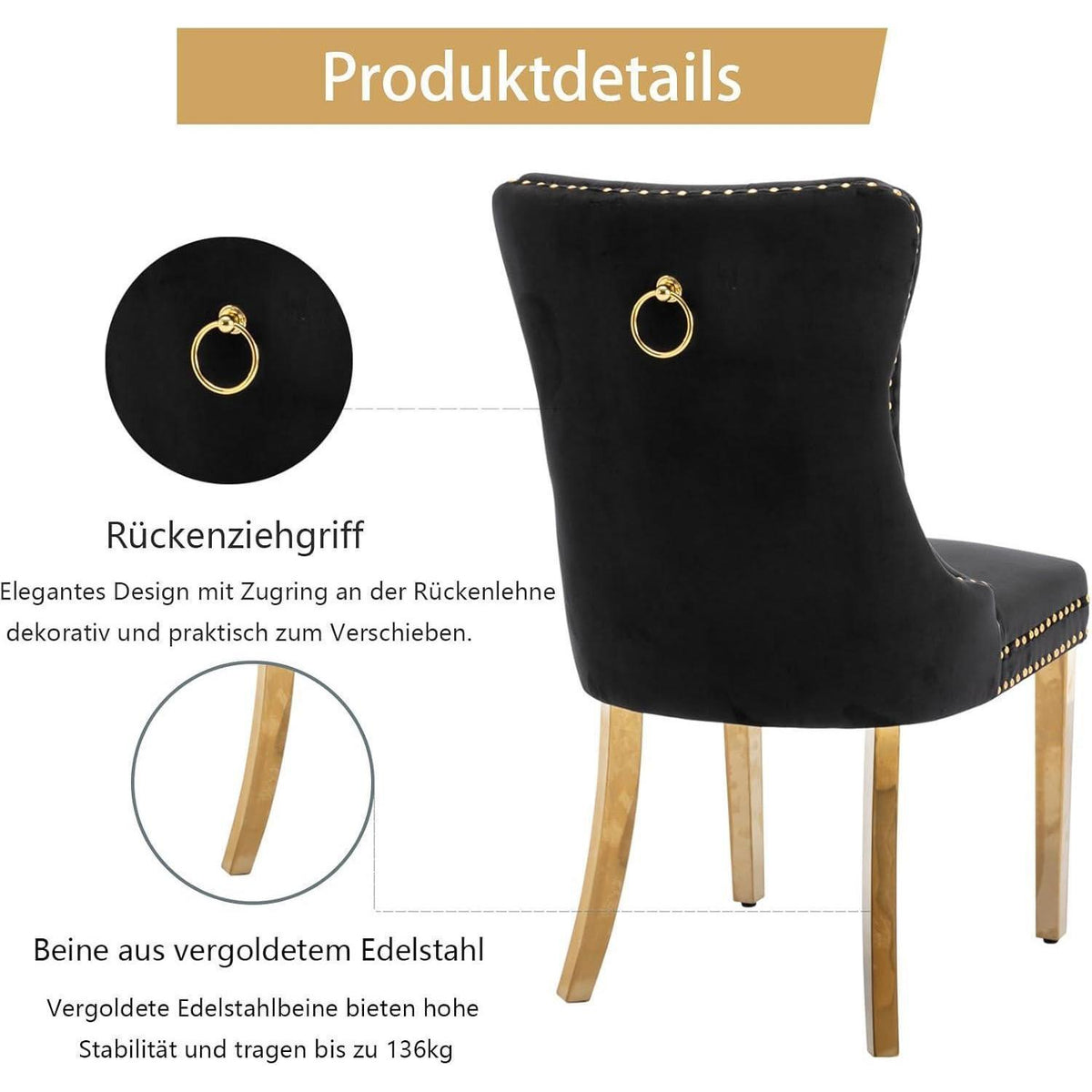 Samt Esszimmerstühle 2er Set mit goldenen Beinen
