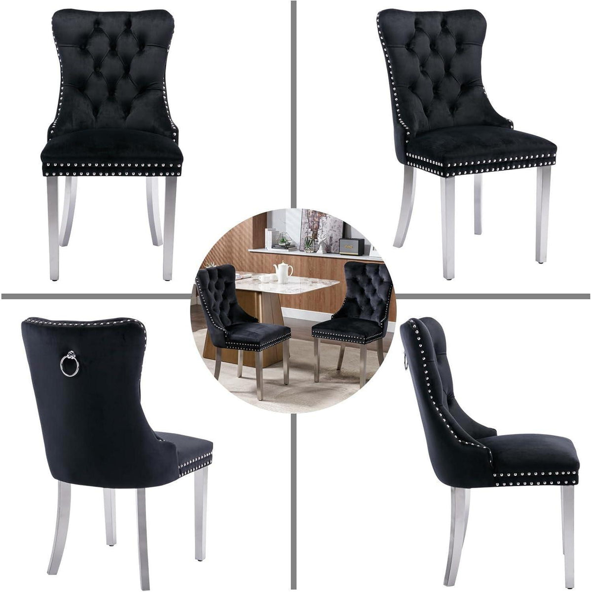 8x Samt Esszimmerstühle mit Edelstahlbeinen Schwarz