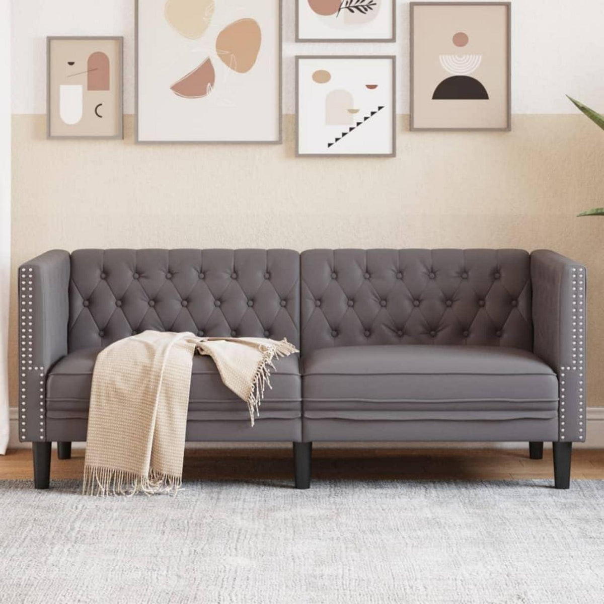 Chesterfield Sofa 2-Sitzer Grau Kunstleder Polstersofa