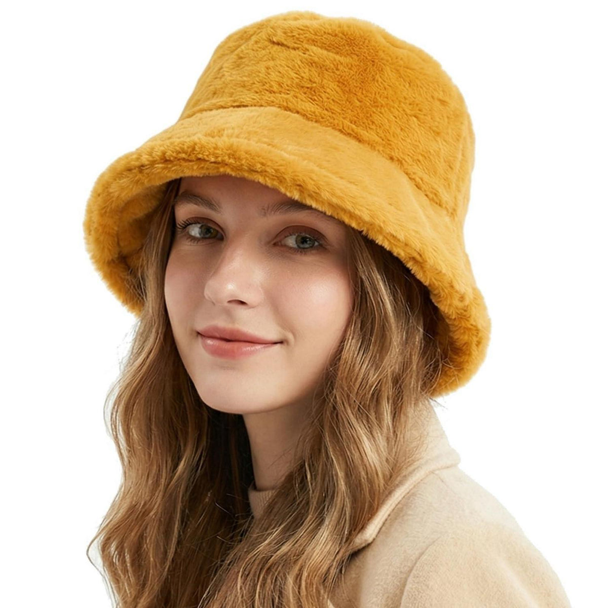 Flauschige Winter Fischerhut Damen Gelb – Warm & Verstellbar