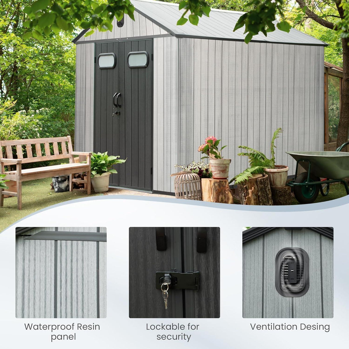 Gartenhaus Kunststoff Grau – 2,4 x 3,6 m, Gerätehaus